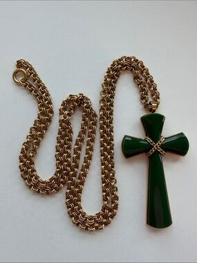 Gold Chain Necklace with Dark Green Cross Pendant